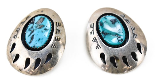 NAVAJO MADE TEDDY GOODLUCK STERLING SILVER & TURQUOISE BEAR PAW EARRINGS