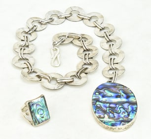 TWO PIECE STERLING .925 & ABALONE NECKLACE & RING SET