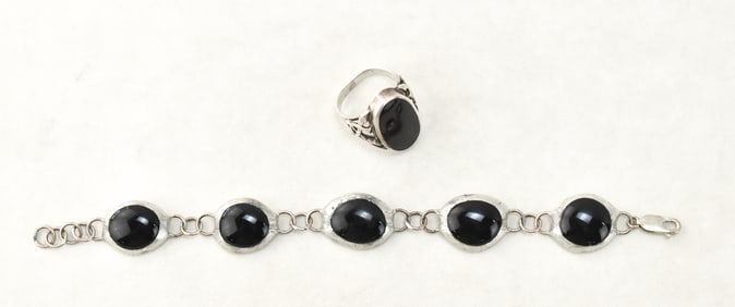 STERLING SILVER & BLACK GLASS BRACELT & RING