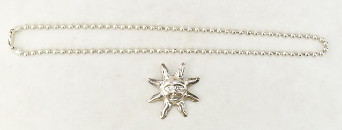 HOB MEXICO STERLING SILVER SUN BROOCH & MADE IN ITALY BALL CHAIN