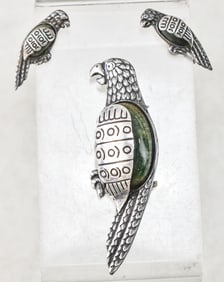 STERLING SILVER & GREEN JASPER PARROT BROOCH & EARRING SET
