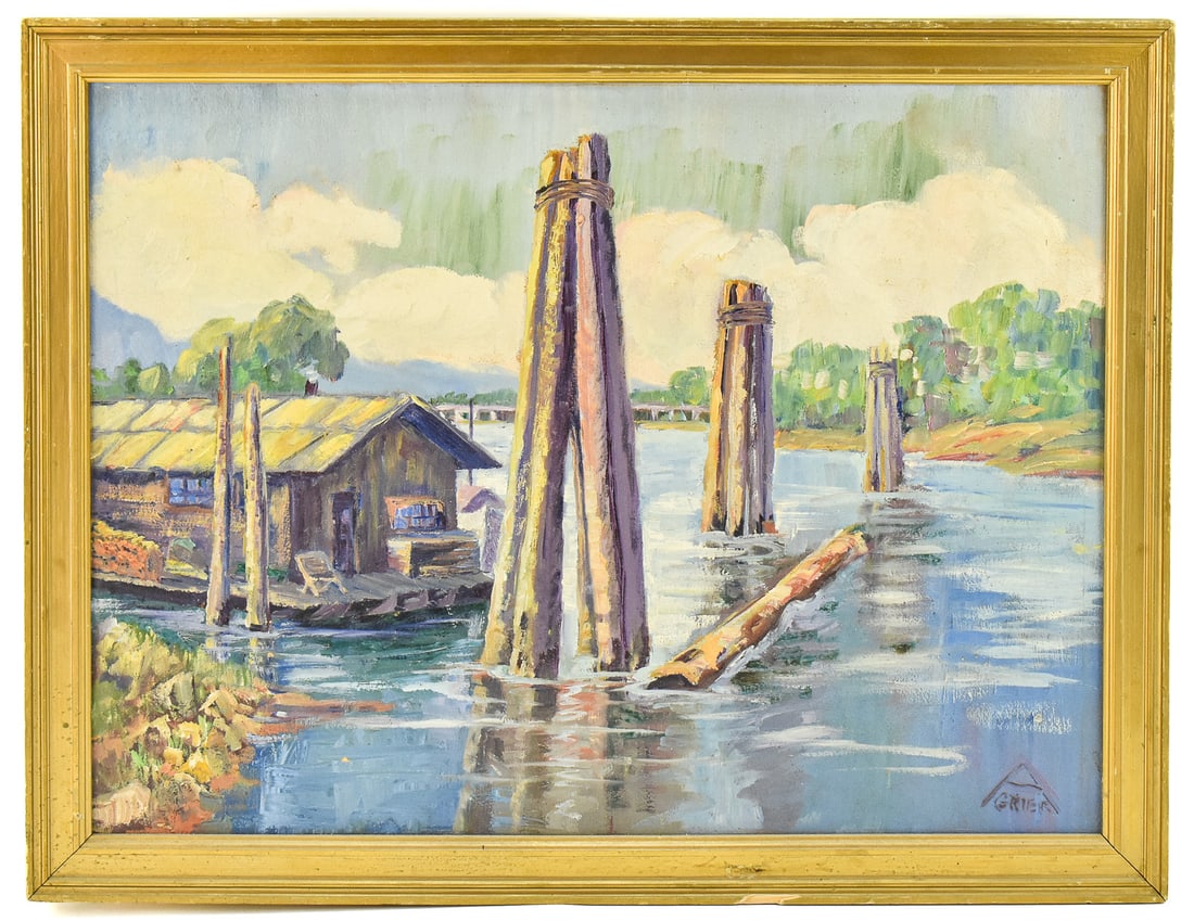 AUDA FAY GRIER HARBOR SCENE OIL PAINTING: Original harbor scene oil painting on board by Oregon artist, Auda Fay Grier, signed lower right. Art measures 17.5" h x 23.5" w presented in a frame measuring 20.5" x 26.5".
