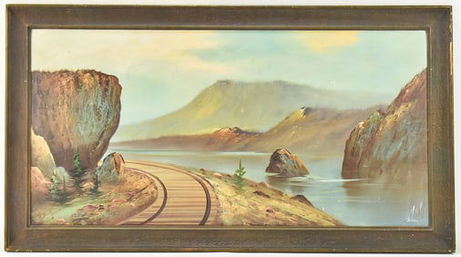 HARRY LEONARD LOPP 'RIVERSIDE RAILWAY' OIL PAINTING