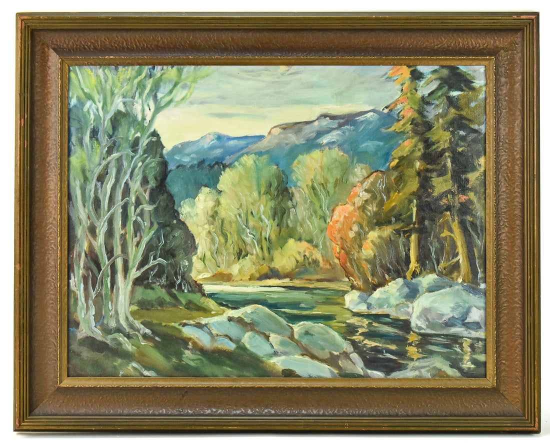 CHESTER GLENN MURPHY LANDSCAPE OIL PAINTING: Original landscape oil painting on board by listed Oregon artist, Chester Glenn Murphy (OR, KS, 1907 - 1997), as stamped on the verso. Art measures 18" h x 24" w mounted in a frame measuring 24" x 30"