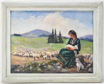 S. VOROS 'SHEPHERDESS & HERD' OIL PAINTING