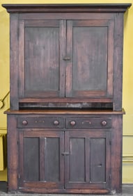 19TH CENTURY DARK STAINED SOFTWOOD TWO PIECE STEPBACK CUPBOARD