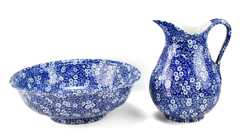 ROYAL CROWNFORD - STAFFORDSHIRE 'CALICO' IRONSTONE WASH BASIN AND PITCHER