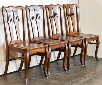 EARLY 20TH CENTURY SET OF FOUR LEATHER SEAT OAK DINING CHAIRS