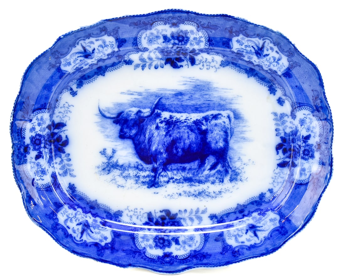 ROYAL DOULTON BURSLEM - LAMBETH FLOW BLUE HIGHLAND STEER CERAMIC PLATTER (1 of 3)