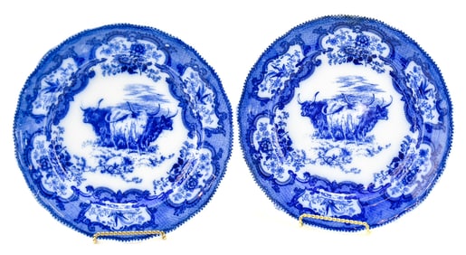 TWO ROYAL DOULTON BURSLEM - LAMBETH FLOW BLUE HIGHLAND STEER CERAMIC DINNER PLATES