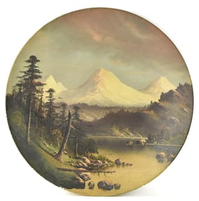 JOHN ENGLEHART 'THREE SISTERS MOUNTAINS' OIL PAINTING ON ROUND BOARD