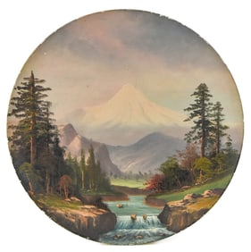 JOHN ENGLEHART 'MT. HOOD' OIL PAINTING ON ROUND BOARD