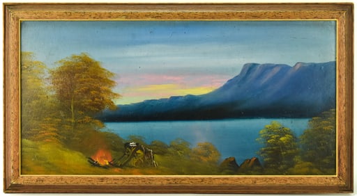 NATIVE AMERICAN CAMPFIRE OIL PAINTING