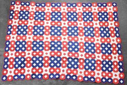 ANTIQUE 'DOUBLE IRISH CHAIN' RED, WHITE & BLUE QUILT