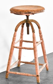 ANTIQUE WOOD & LEATHER MACHINIST STOOL