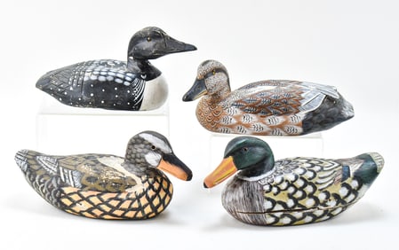 FOUR HAND-PAINTED COMPOSITE WATERFOWL DECOYS: LOON AND MALLARD