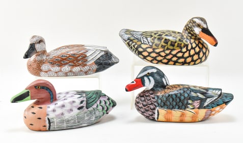 FOUR HAND CARVED & HAND PAINTED DECOY DUCK