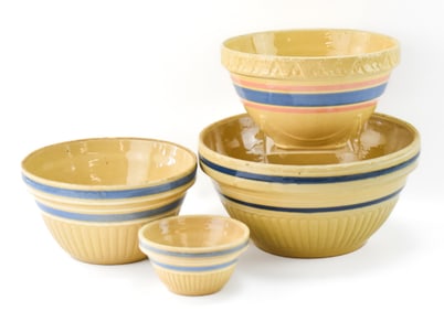 FOUR VINTAGE BLUE-STRIPE YELLOWARE STONEWARE MIXING BOWLS