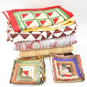 ASSORTED ANTIQUE QUILT SQUARES, QUILT PIECES & WOVEN COVERLETS