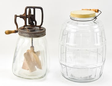 VINTAGE GLASS BARREL PICKLE JAR AND STANDARD CHURN COMPANY