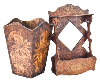 VINTAGE FLORAL PYROGRAPHY WASTE BIN AND BURL VENEER MAGAZINE RACK