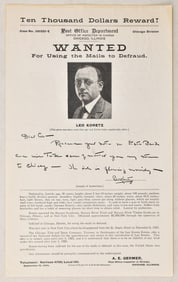 FAMED SWINDLER, LEO KORTEZ 1924 WANTED POSTER - TEN THOUSAND DOLLAR REWARD