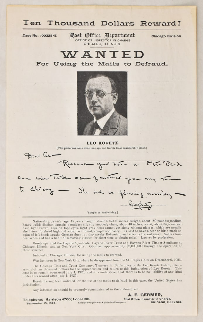 FAMED SWINDLER, LEO KORTEZ 1924 WANTED POSTER - TEN THOUSAND DOLLAR REWARD