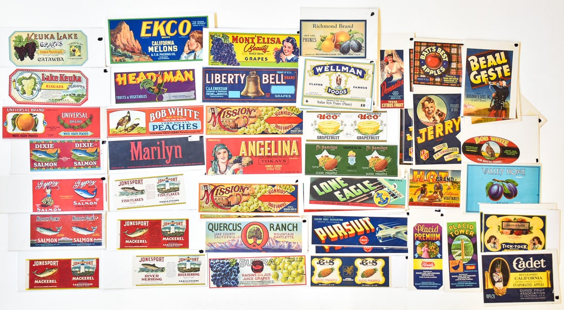 COLLECTION OF VEGETABLE & FISH CRATE LABELS: Assorted vintage vegetable and fish packing crate labels.
