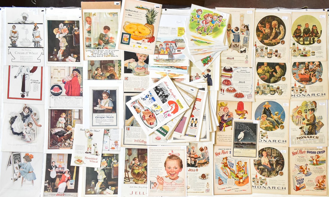 EARLY 1900s-1980s FOOD ADVERTISING: Large lot of early 1900s through the 1980s food advertisements, including Nestle, Cream of Wheat, Campbell's, Jello, and Kellogg's.
