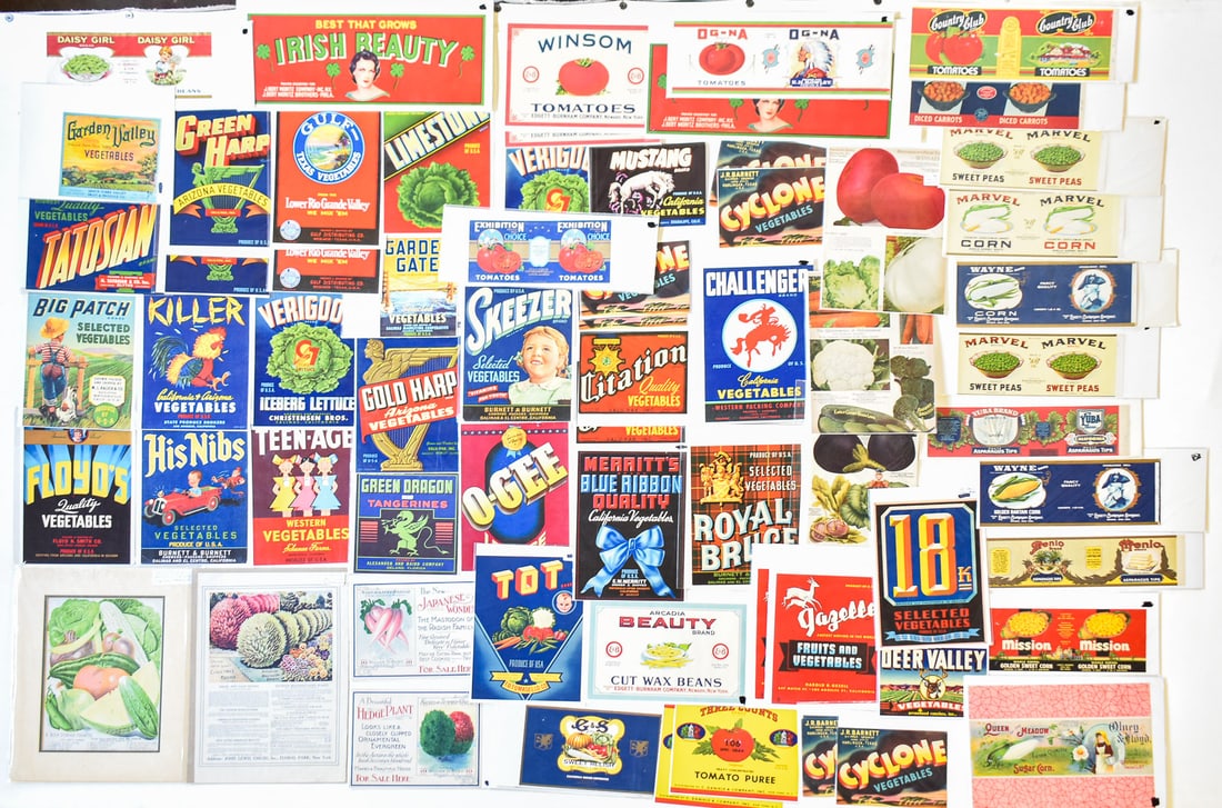 LATE 1800s-1970s VEGETABLE & FLOWER ADVERTISING: Large lot of flower and seed catalog advertisements and vegetable crate labels.