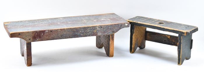 TWO PRIMITIVE WOODEN WORK STOOLS
