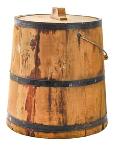 PRIMITIVE WOODEN METAL-BRACED BUCKET, CIRCA EARLY 1900s