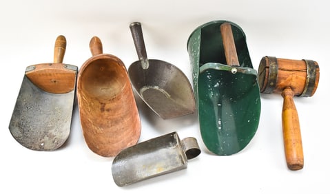 FIVE GENERAL STORE GRAIN SCOOPS AND MALLET