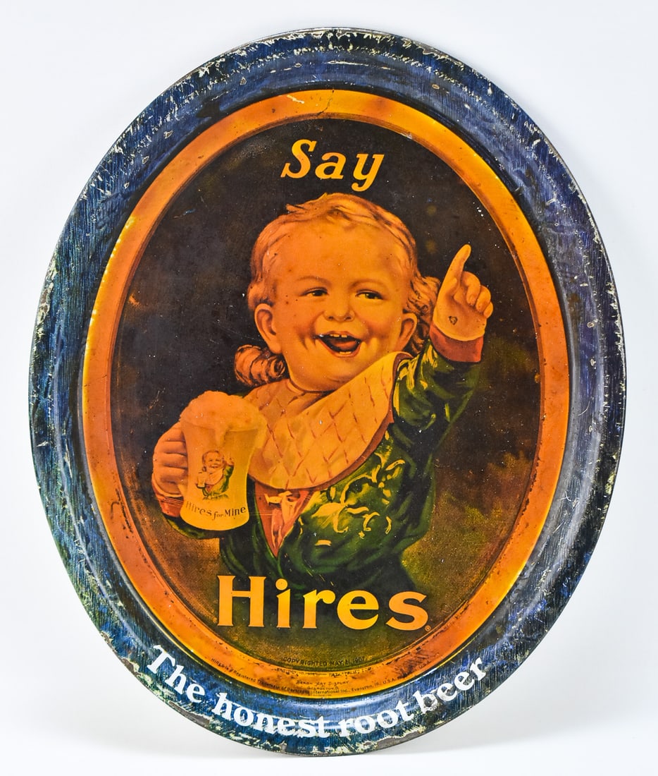 VINTAGE HIRES ROOT BEER OVAL TIN TRAY: Vintage Hires root beer oval tin tray with young child image. Measures 17.5"h x 13.5"w.