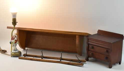ASSORTED VINTAGE DECORATIVE DECOR: DOLL DRESSER, COAT RACK, SHELF, AND FRENCH FIGURAL CERAMIC