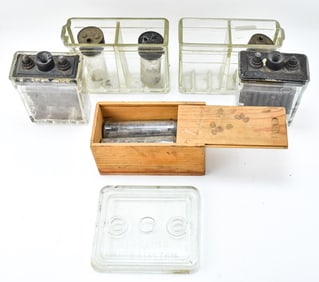 THREE GLASS BATTERY JARS, GLASS CYLINDER JARS, JACOBS WIND ELECTRIC GLASS PLATFORM, AND MORE