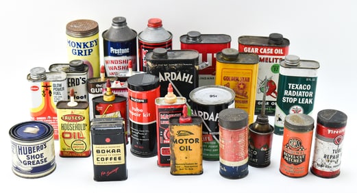 COLLECTION OF ASSORTED VINTAGE AUTOMIBILE & HOUSEHOLD TINS