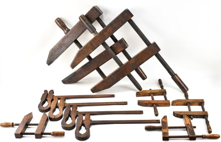 EARLY 20TH CENTURY WOODEN CLAMPS AND VICES: J.H. ONEIL, P.S. SHELDON, AND MORE