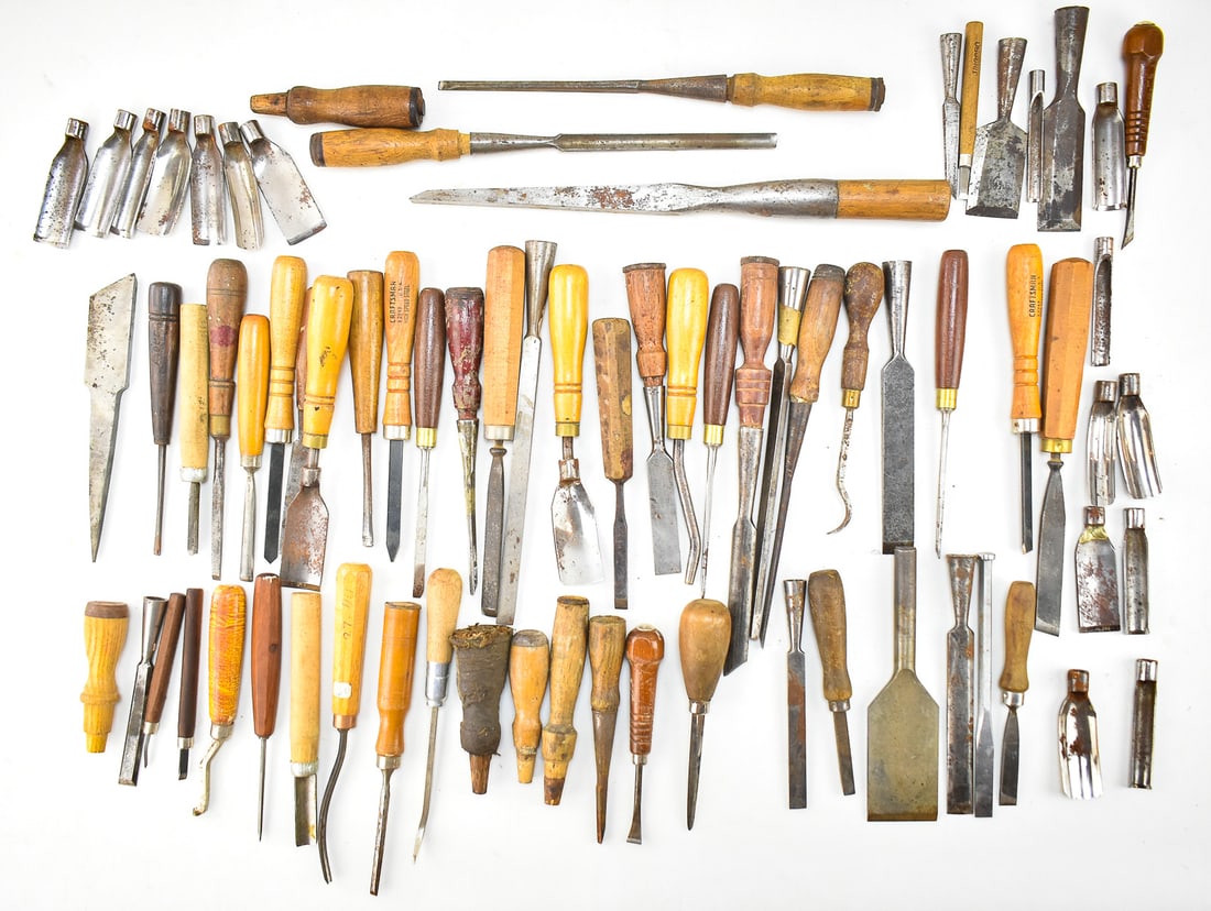 WOODCARVING TOOL COLLECTION: Large assortment of vintage wood carving tools, including chisels, gauges and more.
