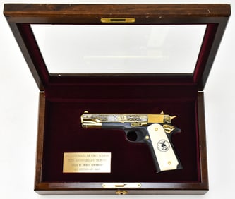 THE UNITED STATES AIR FORCE ACADEMY 50th ANNIVERSARY TRIBUTE ENGRAVED GOLD COLT MODEL 1911 A1 BY