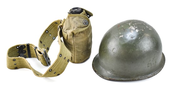 US MILITARY WWII M1 HELMET & CANTEEN BELT