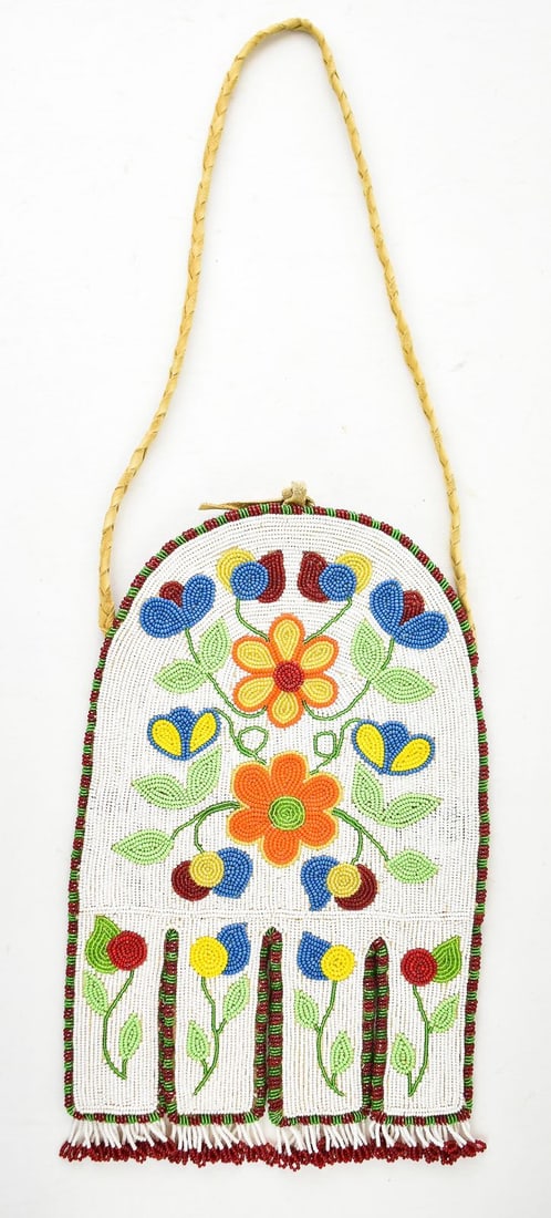 NORTHWEST COAST TLINGIT DEER HIDE BEADED OCTOPUS BAG: Northwest Coast Tlingit hand-beaded octopus bag with deer hide backing.