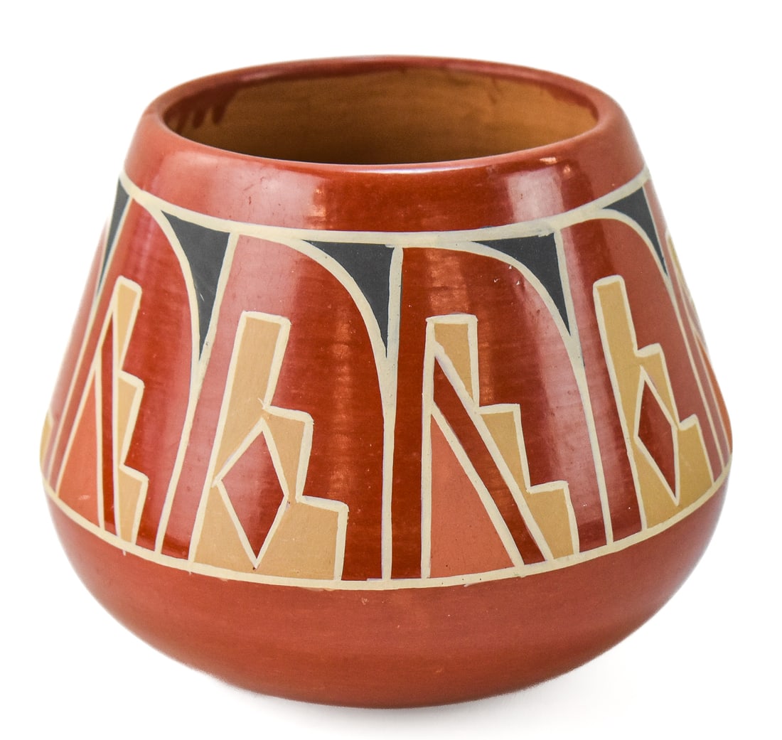 PETRA GUTIERREZ SIGNED SANTA CLARA PUEBLO POLYCHROME REDWARE CLAY POT: Signed Santa Clara pueblo polychrome redware clay pot by listed artist Petra Gutierrez (1906-1992), circa late 20th century.