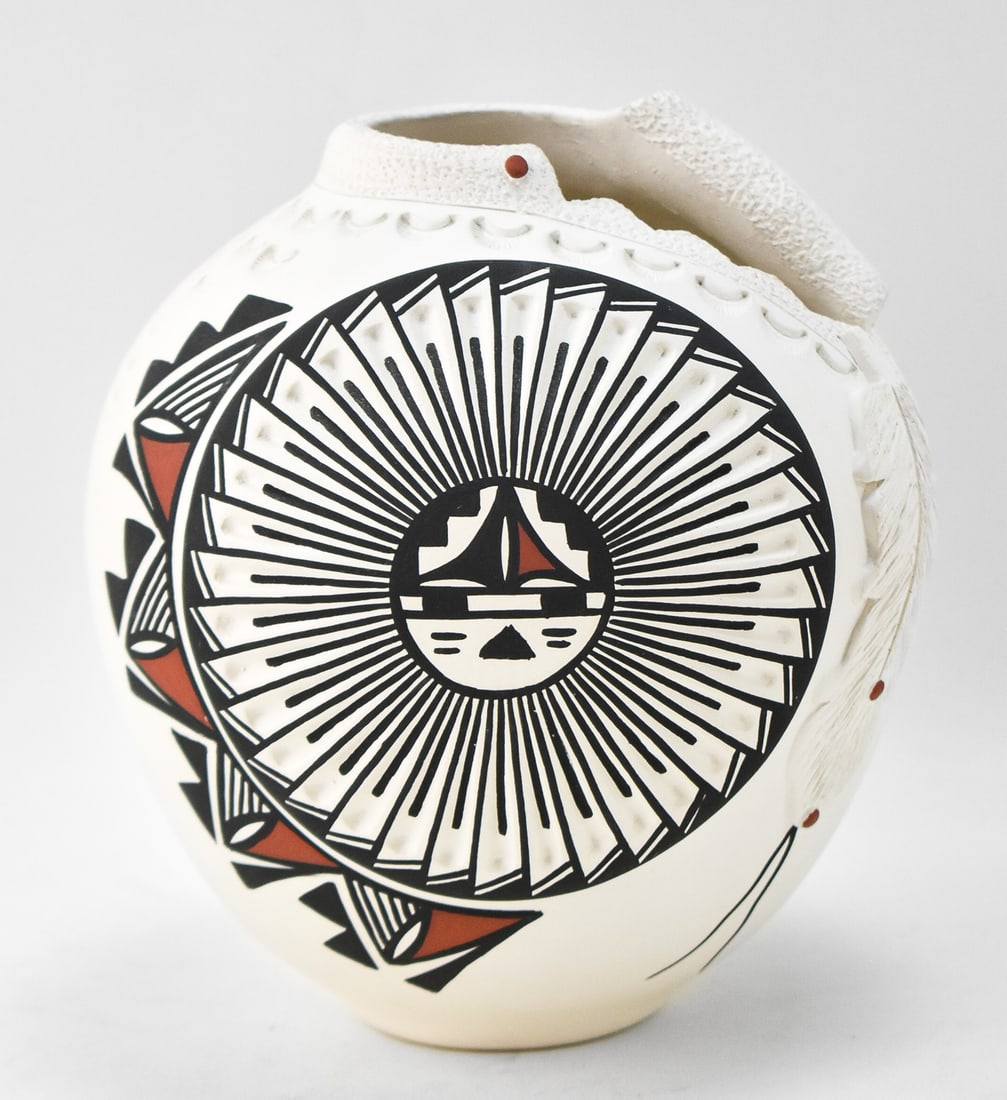 SHARLEEN PEDRO SIGNED ACOMA PUEBLO SCULPTURAL POTTERY VASE: A hand-painted sculptural pottery vase with incised motifs and designs in high relief, circa late 20th century, signed by listed artist Sharleen Pedro of Acoma Pueblo.