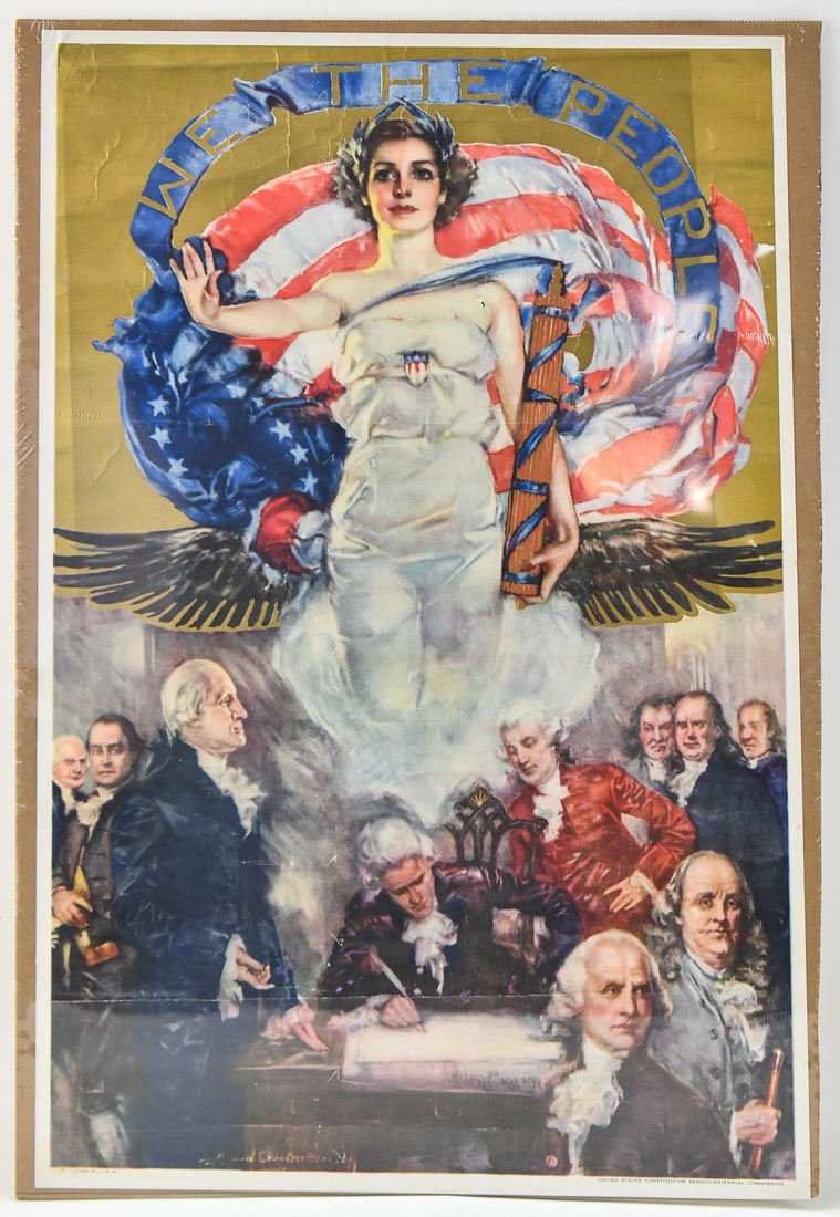 HOWARD CHANDLER CHRISTY 'WE THE PEOPLE' LITHOGRAPH: "We The People" a hand-colored lithograph by listed artist Howard Chandler Christy of New York/Ohio. Circa 1937. Christy (1872 -1952) was an artist and illustrator well known for his pin-up girl illus