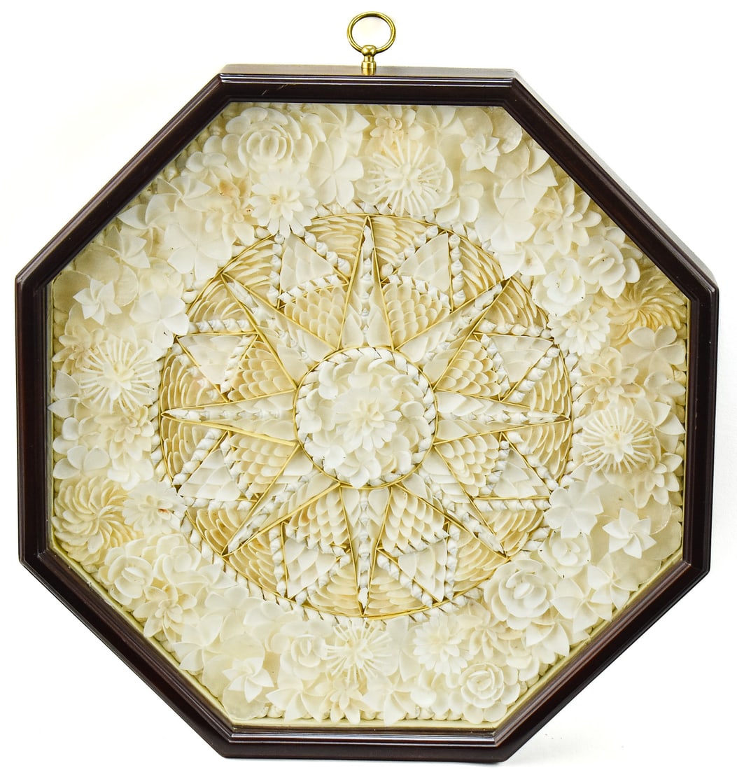 SAILOR'S VALENTINE MOSAIC SHELLWORK DISPLAY: Mahogany framed shadow box housing a detailed mosaic display of white shells, known as a Sailor's Valentine. Measures 15"h x 15"w.