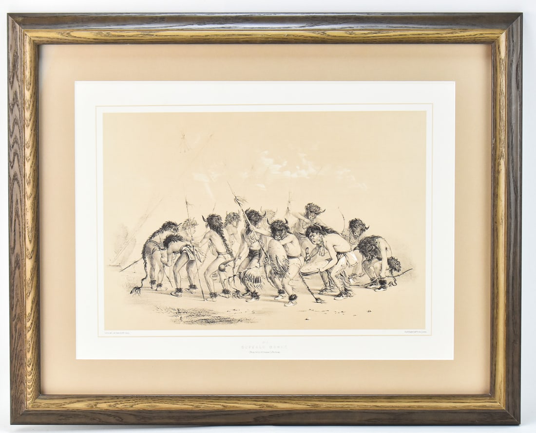 GEORGE CATLIN 'BUFFALO DANCE-MANDAN' LITHOGRAPH: Lithographic print on paper titled "Buffalo Dance-Mandan" by listed artist, George Catlin (PA, NJ, 1796 - 1872). Art measures 15.5" h x 20.5" w presented in a frame under museum glass measuring 23" x
