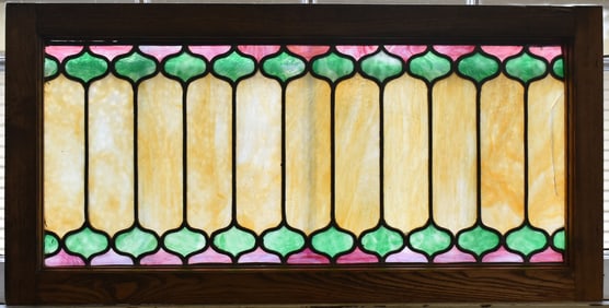 EARLY 20TH CENTURY STAINED GLASS WINDOW PANEL WITH OAK FRAME