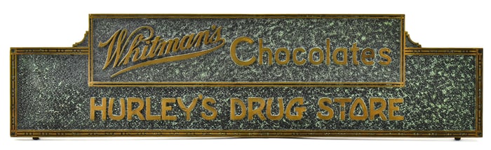 WHITMAN'S CHOCOLATES ADVERTISEMENT AT HURLEY'S DRUG STORE SIGN