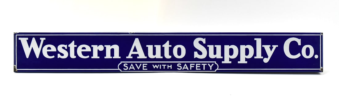 WESTERN AUTO SUPPLY COMPANY PORCELAIN ENAMEL ADVERTISEMENT SIGN: Western Auto Supply Company porcelain enamel metal advertisement sign, circa early 20th century.